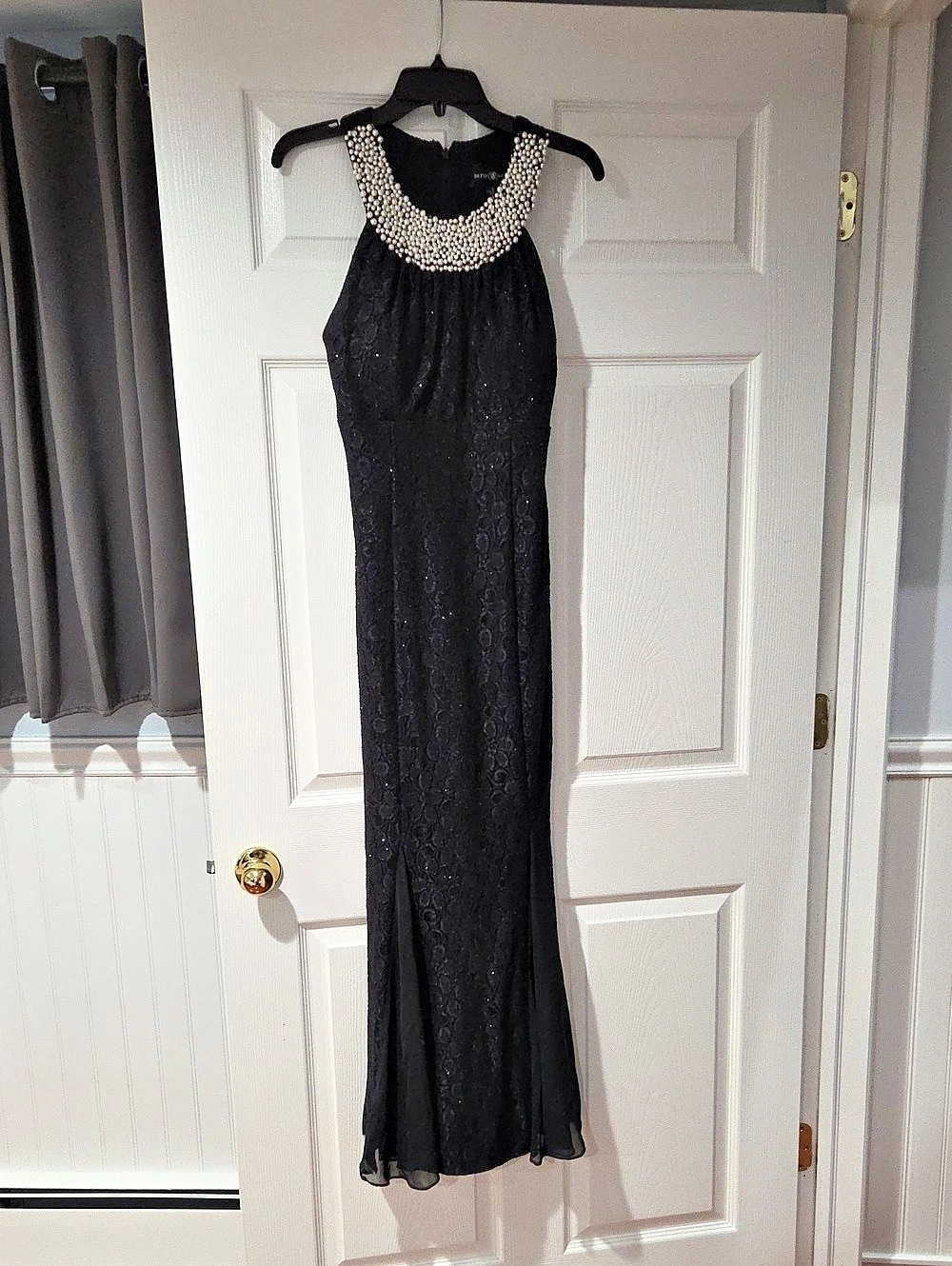 Betsy Adam Black Pearl Halter Gown Black Maxi Dress